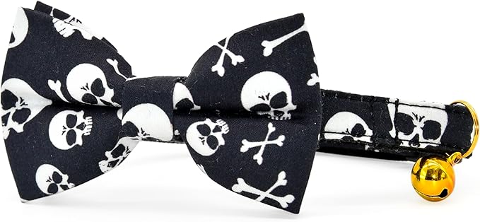 Cat Collar Bow Tie Set, Halloween Black Skulls and Crossbones