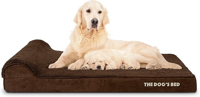 The Dog’s Bed Orthopedic Memory Foam Dog Bed with Headrest, Calming Surface – CertiPUR-Certified Foam, Plush Fabric, Brown Plush, XL, 4-Inch
