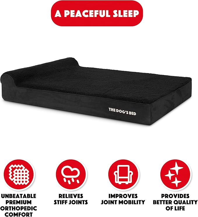 The Dog’s Bed Orthopedic Memory Foam Dog Bed with Headrest, Calming Surface – CertiPUR-Certified Foam, Plush Fabric, Black Plush, XXL, 6-Inch