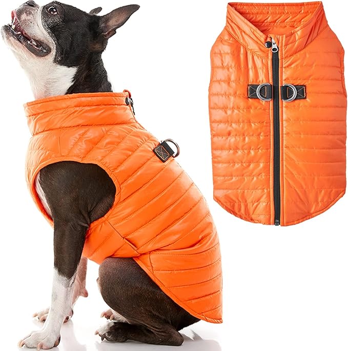 Gooby Puffer Vest - Orange, X-Large - Ultra Thin Zip Up Wind Breaker with Dual D Ring Leash - Water Resistant Small Dog Sweater Coat - Dog Clothes for Small Dogs or Medium Dogs