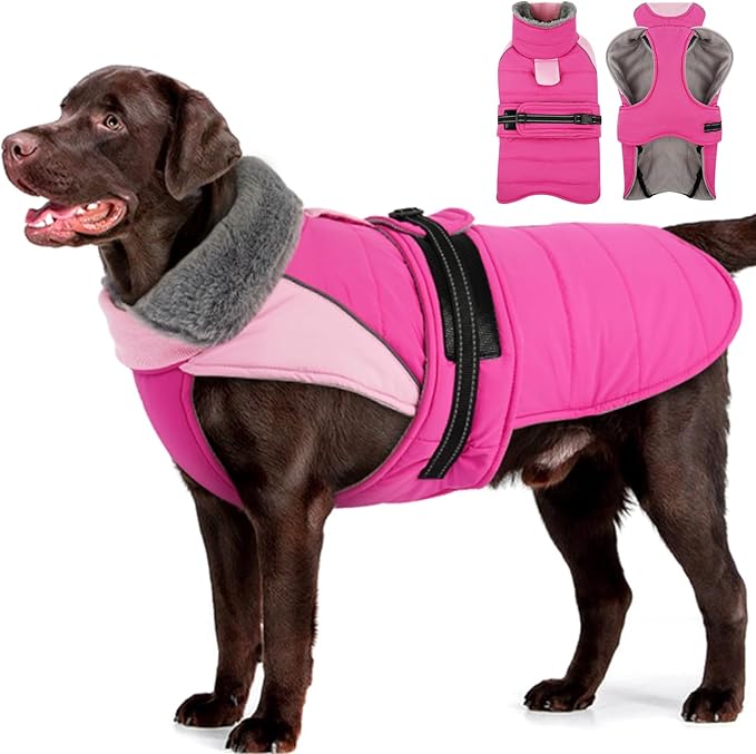 MIGOHI Comfortable Large Dog Coat - Waterproof Dog Coat with Reflective Strips,Windproof XXL Dogs Jacket with Warm Turtleneck, Snow Coats for Large Dogs,Labrador Golden Retriever,2XL,Rosepink