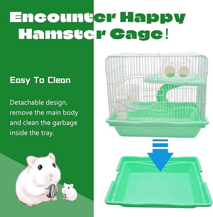2-Tier Portable Hamster Cage and Habitats,Travel Metal Mouse Cages with Free Water Bottle,Houses and Exercise Wheel for Any Breed of Hamster and Small Animal (14.6x11.0x11.8inch Green)