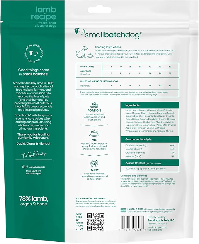 smallbatch Pets Freeze Dried Raw Dog Food, Lamb Recipe, 25 oz, Organic High Protein Dog Food, Grain Free, Made in The USA, Humanely Raised Meat, Single Protein, for Picky Eaters, Hydrate & Serve