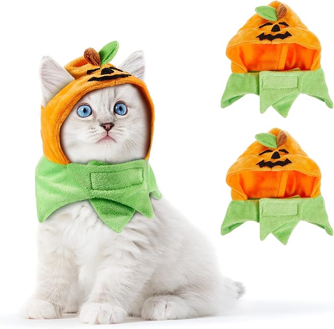 Xuniea 2 Pieces Halloween Pumpkin Cat Hat - Adjustable Pumpkin Cat Costume Cap for Pet Cats and Kittens
