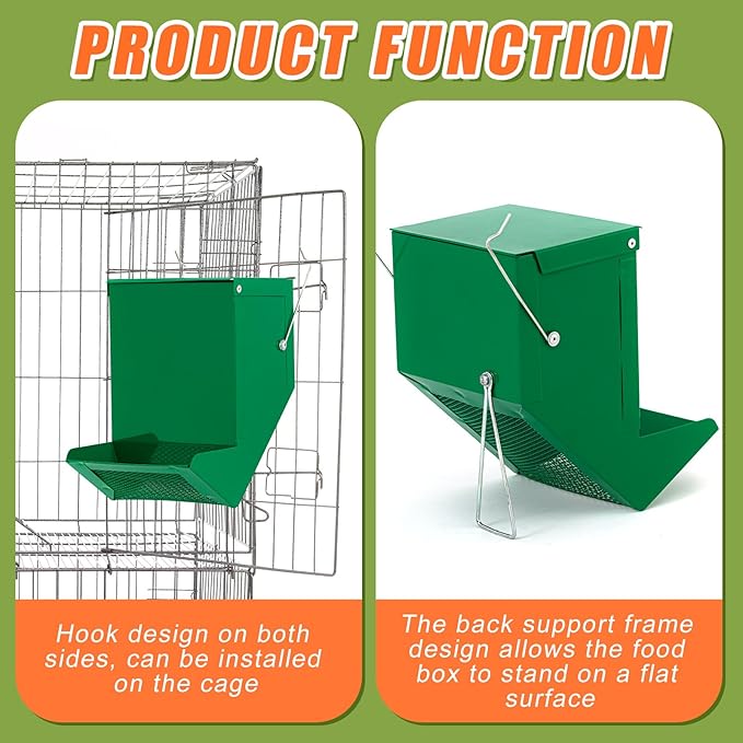 Maxcheck 2 Pcs Rabbit Feeder for Cages Small Animal Food Pellet Dispenser with Lid Metal Chicken Grit Oyster Shell Squirrel Feeders Outside(4.7 Inches,Mesh Bottom,Green)