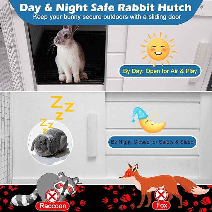 FunXplore Bunny Hutch Indoor Outdoor Rabbit Cage Chicken Coop Animal House with Wire Floor Above Pull-Out Tray, Chew-Resistant Ramp & Entrance, Openable Waterproof Roof & UV-Resistant Roof