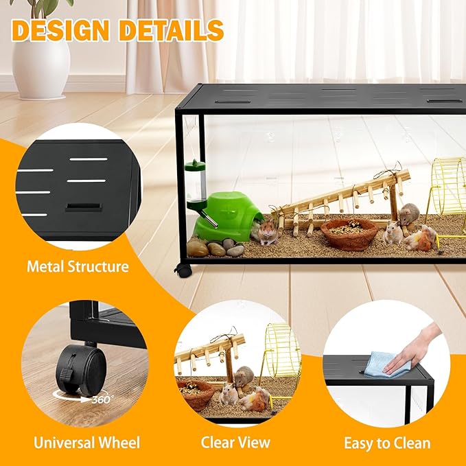 Hamster Cage, 360° Viewing Small Animal Cage, Chew‑Resistant Metal Cage, Stackable Large Cage with Top Access, for Dwarf & Syrian Hamster, Gerbil, Mouse (39 * 19 * 19IN)