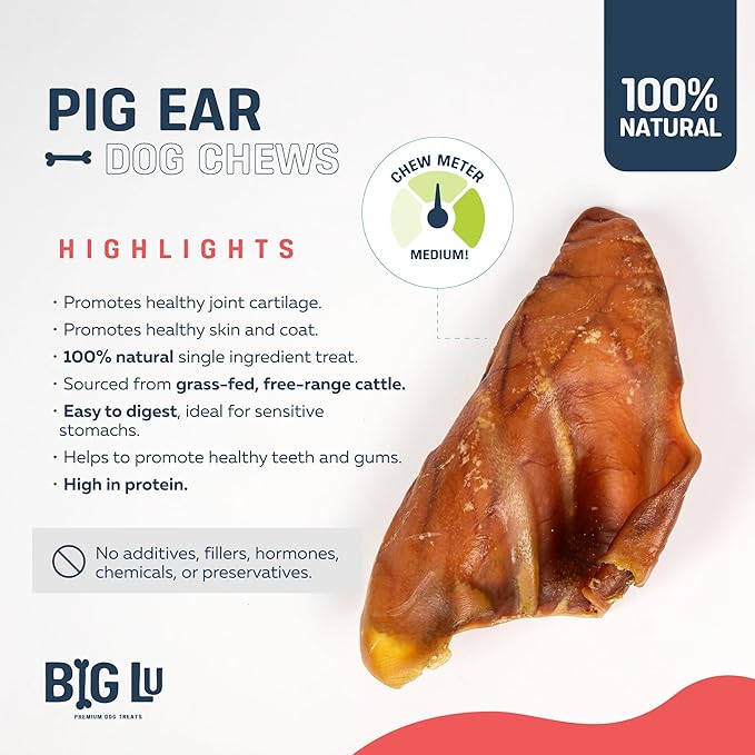 Big Lu – Whole Pig Ears for Dogs, 6 Count, All-Natural Single-Ingredient Pork Treats for Medium and Large Dogs, Easily Digestible, Supports Joint Health with Glucosamine and Chondroitin