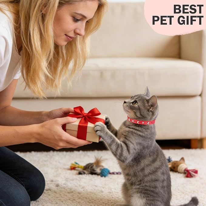 Leather Cat Collars for Boy Girl Cats with Bell and Safety Elastic Belt, Personalized Star and Moon Stud Adjustable Safe Buckle Collar for Kitty Small Big Cats Size 7-9 Inch, Red