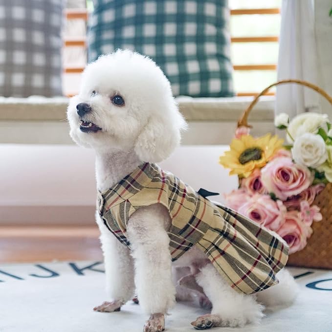 PUPTECK Classic Plaid Dog Dress Cute Puppy Clothes Outfit
