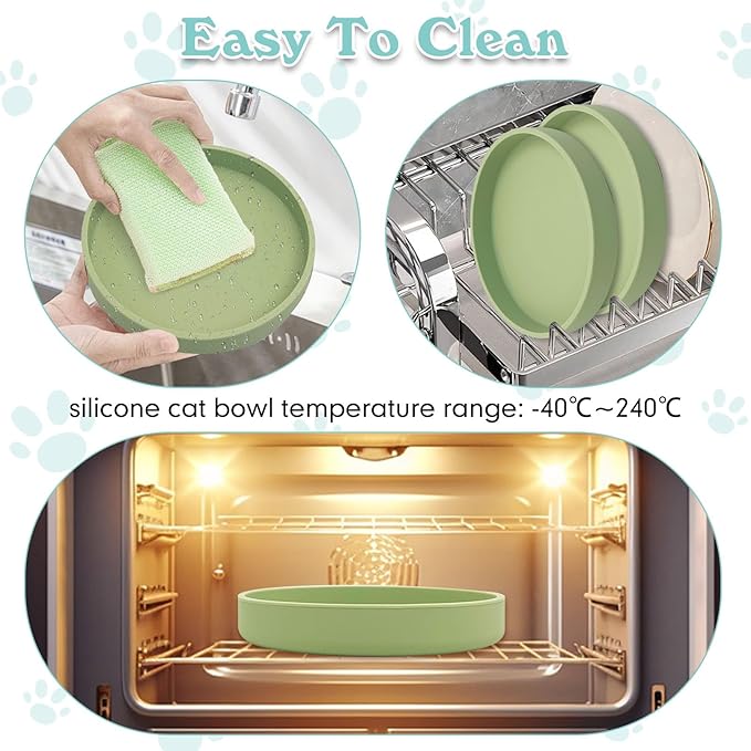 Silicone Dog Bowl Shallow Cat Food Bowls 7" Wide Puppy Plates Whisker Fatigue Pet Feeding Dishes for Dry Food and Wet Food Indoor (Round Bean Green)