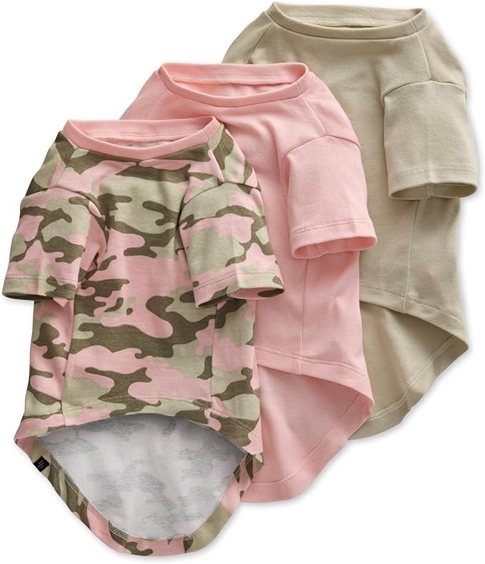 Toby II - The Perfect Tee, 3 Pack Short Sleeve Pet T-Shirt 100% Organic Cotton Tees Clothes for Small, Medium, Large Dogs, Pink Camo, X-Large (55-80 lbs)