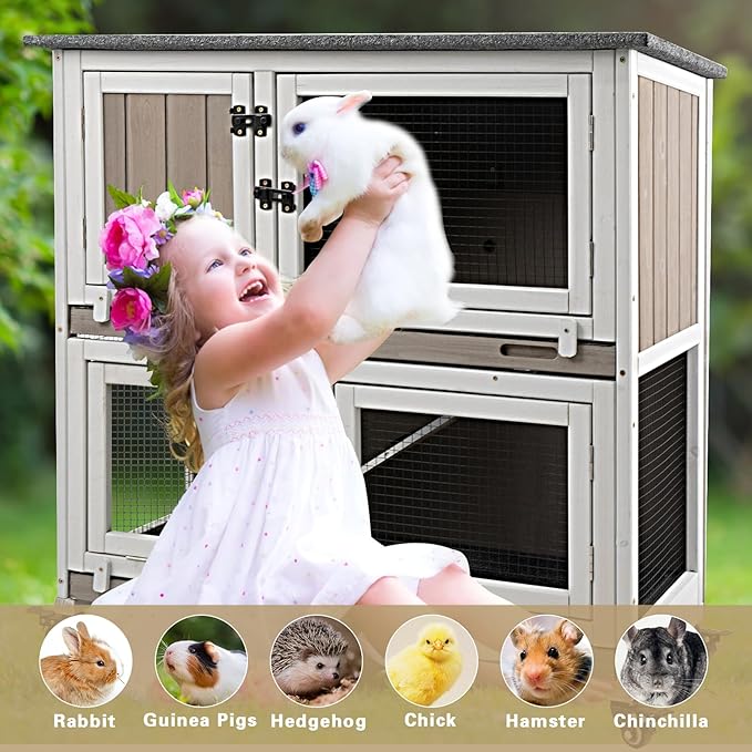 Ketive 36" L Rabbit Hutch Indoor with 4 Metal Wheels, 2-Story Wooden Bunny Hutch Outdoor Bunny Cage, 2 Deeper Pull-Out Trays, Ramp, Rabbit Cage Guinea Pig Pet House for Small Animals