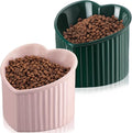 Mumufy 2 Pcs Ceramic Elevated Cat Bowls Tilted Elevated Raised Pet Bowls Anti Vomit Cat Dish for Indoor Stress Free Water Dish Feeder for Puppies, Heart Shaped(Pink, Peacock Green)