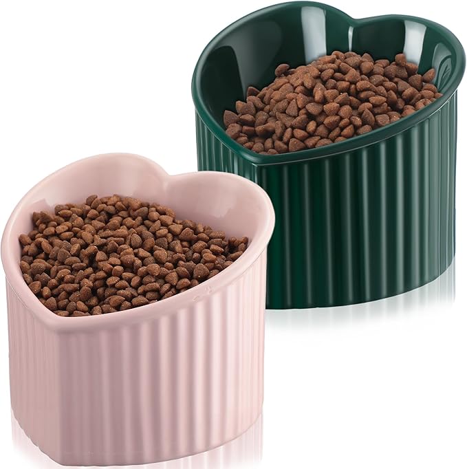 Mumufy 2 Pcs Ceramic Elevated Cat Bowls Tilted Elevated Raised Pet Bowls Anti Vomit Cat Dish for Indoor Stress Free Water Dish Feeder for Puppies, Heart Shaped(Pink, Peacock Green)