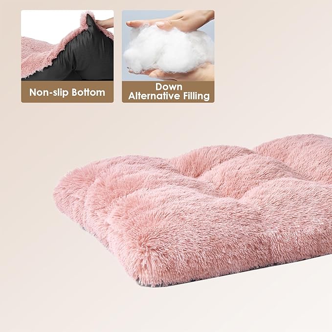 EHEYCIGA Fluffy XXL Dog Crate Pad, Plush Faux Fur Dog Bed for Extra Large Pets, Calming Anti Anxiety XXL Pet Bed, Washable Soft Warm Crate Mat with Non-Slip Bottom, Pink