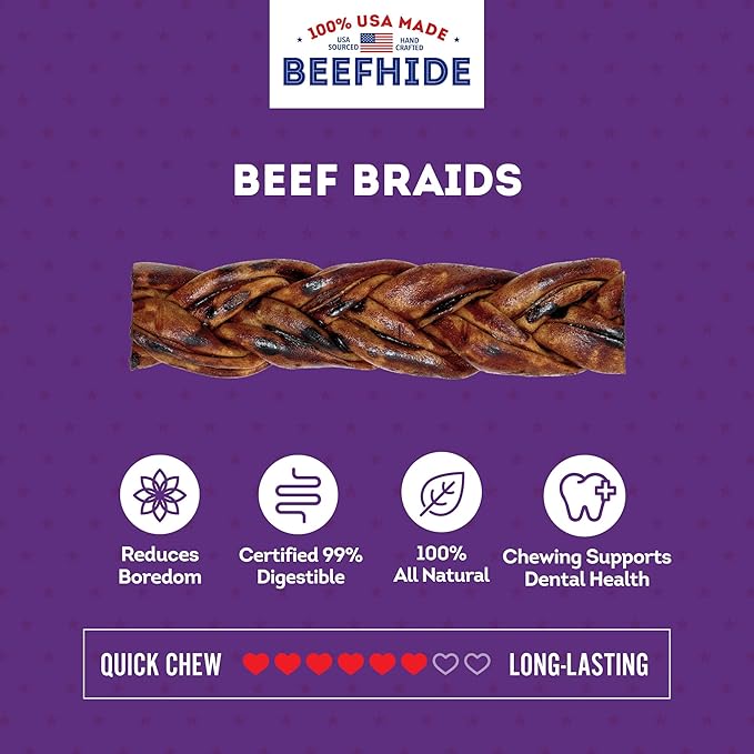 USA Beefhide Braids 7-8" Dog Chew Treats - Beef Flavor, 7 Count/1 Pack