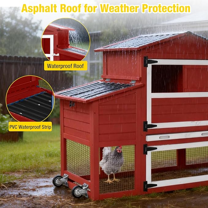 Aivituvin Chicken Coop with Run and Wheels, Mobile Outdoor Hen House Wooden Poultry Cage with Waterproof Roof (Red, AIR61)