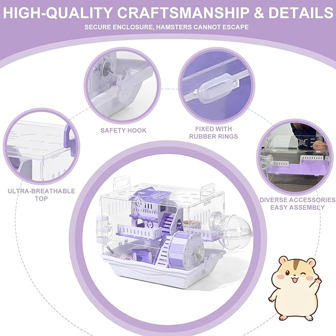 Loungewave Acrylic Hamster Cage, 2-Tier Gerbil Cage with Wooden Wheel, Small Dwarf Hamster Cage Habitat, Garden Mouse Cage for Pet Mice, Clear View Inside Easy to Clean, Purple