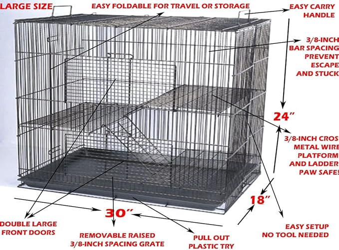 Large 3-Levels Foldable Ferret Chinchilla Sugar Glider Rats Animal Chew Free Metal Carrier Travel Cage with Narrow 3/8" Wire Bar Spacing Prevent Escape and Stuck Shelves and Ladders Included