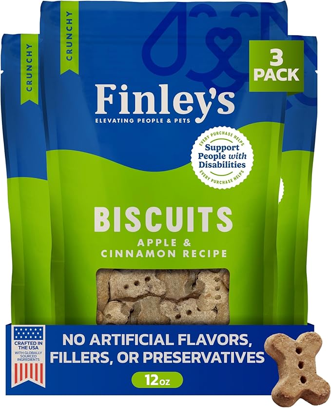 Finley's Crunchy Dog Biscuits, Apple and Cinnamon, Plant-Based Healthy Treats, Oven Baked Dog Cookies, 12oz, 3 Pack