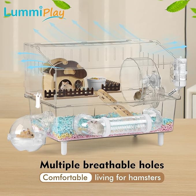 8 in 1 Acrylic Hamster Cage with all accessories,2-Layer Hamster House with full transparent Viewing,Top Open Mouse Cage for Pet Mice,large Hamster Habitat for Dwarf Hamster,Gerbils; 18"x11"x13.4"