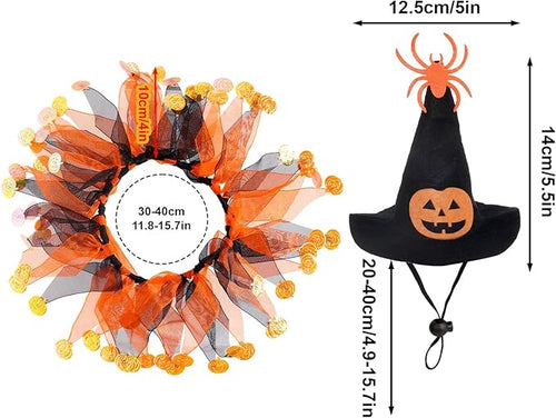 2 Pcs Cat Halloween Witch Costume Suit - Pet Witch Pumpkin Hat and Tutu Collar, Cute Cat Outfit for Cats and Small Dogs