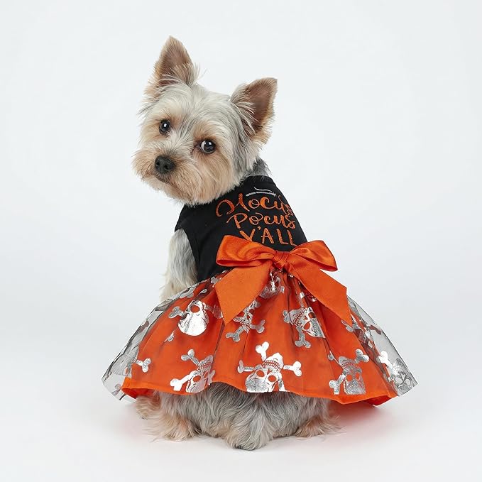 Fitwarm Hocus Pocus Y'all Funny Dog Halloween Tulle Dress, Holiday Dog Clothes for Small Dogs Girl, Funny Pirate Skull Pet Costume, Witch Cat Outfit, Orange, Black, XS