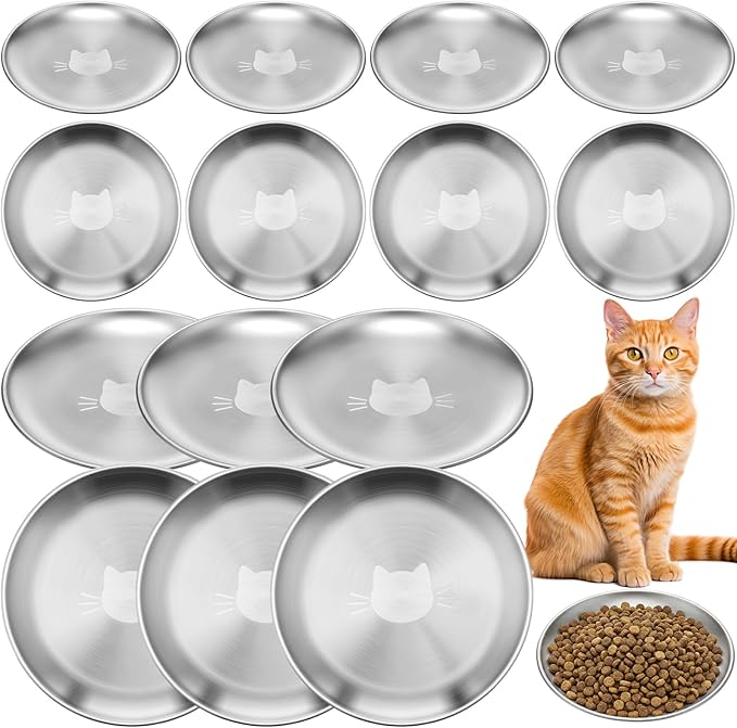 Domensi 15 Pieces Stainless Steel Cat Bowls Beard Friendly, 6.7 Inch Wide and Shallow Cat Food Dish Wet Feeding Bowls Flat Pet Dish Small Pet Plate for Kittens Ferrets Stray