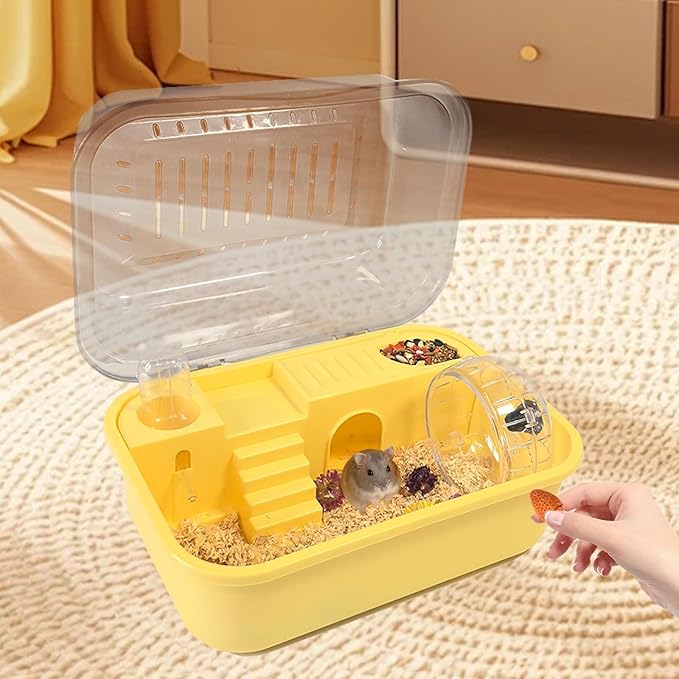 Hamiledyi Dwarf Hamster Cage Clear Plastic Small Hamster Cage Portable Carrier with Water Bottle Exercise Wheel Bathtub Box Set Toy for Dwarf Baby Hamster (Yellow)
