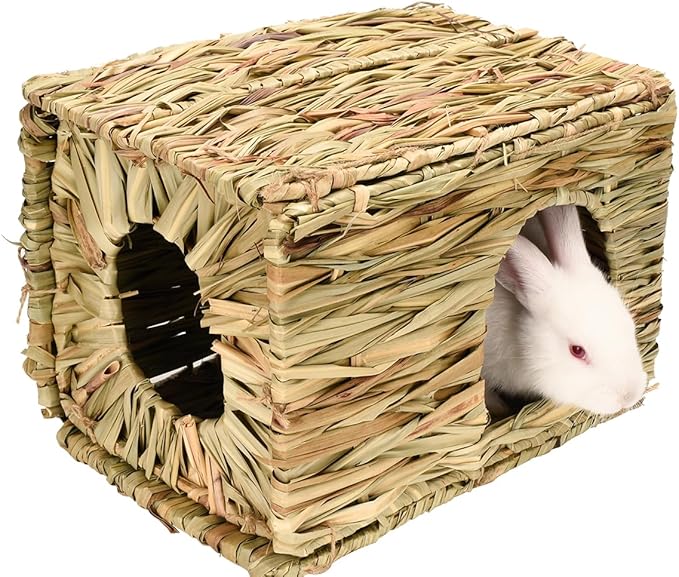 Grass House for Rabbits,Sangle Sopffy,Hand Woven Bunny Grass House,Natural Grass Hideaway for Bunny Guinea Pig Chinchilla Ferret Hamster Squirrel with Rabbit Chew Toys (2 Pack, 14.5*11.4*10.2inch)