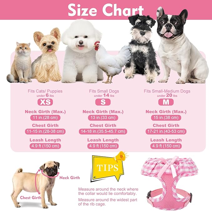 EXPAWLORER Cute Dog Harness and Leash Set - Pink Girl Dog Harness Checkered Step-in Design, Easy Adjustable No-Choke Lightweight Breathable Vest for Puppy Small Dogs Cats Outdoor Walking, Small