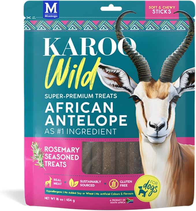 Karoo Wild Sticks Rosemary Seasoned Treats for Dogs – 16 oz – Soft & Chewy Protein Sticks Made with African Antelope – Ideal for Training & Rewarding