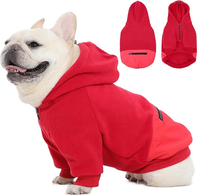 Nanaki Dog Hoodies for Medium Size Dogs with Pocket- Long Sleeves Adjustable Zip Collar-Soft Fleece Sweater Sweatshirt for French Bulldog, West Highland, Warm Pet Coat Jacket Machine Washable Red M