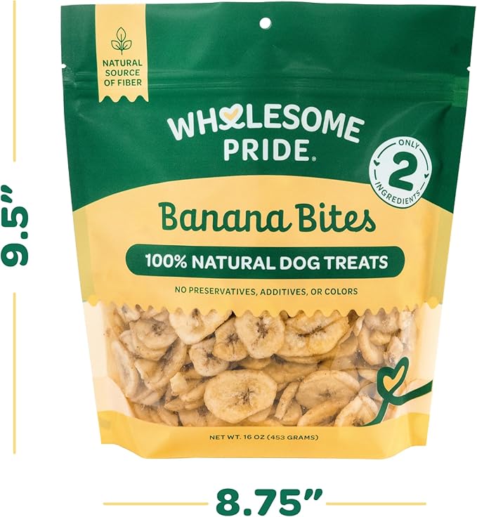 Wholesome Pride Banana Bites Dog Treats – 2-Ingredient Banana Chips for Dogs, Grain-Free, Banana & Coconut Oil, 16 oz
