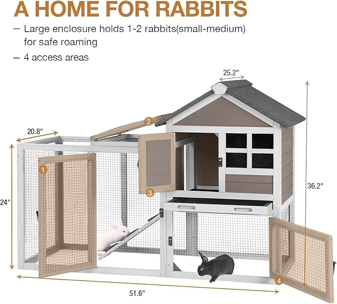 Aivituvin 51.6''L Rabbit Hutch Outdoor Chicken Coop, Indoor Bunny Cage with Run, Guinea Pig House with Pull Out Upper Tray (Brown)