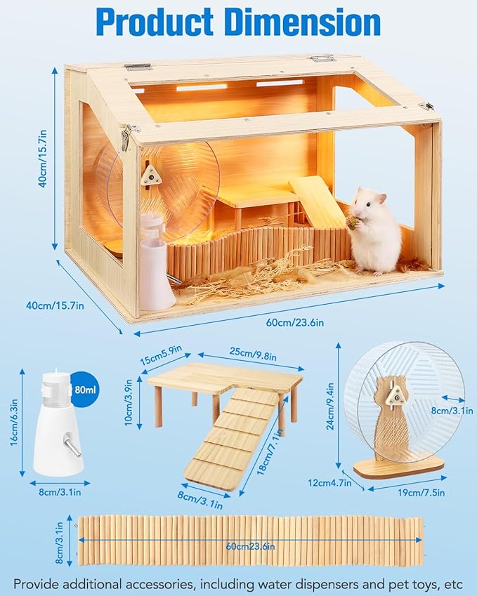 Wooden Hamster Cage and Habitat, Animal Cabinet for Dwarf Syrian Hamsters Degus, Complete Set of Needed Accessories, Openable Top with Acrylic Sheets, 24" L x 16 W x 16 H