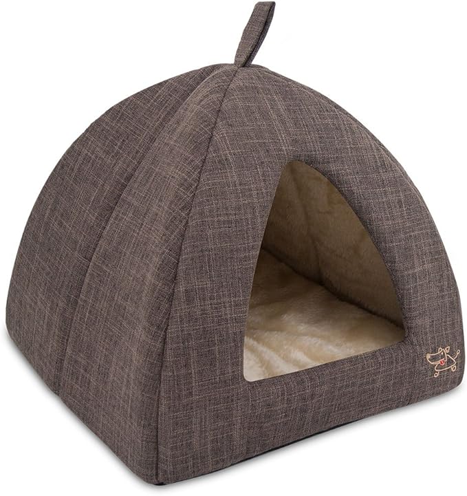 Best Pet Supplies Cat Bed for Indoor Cat, Domed Tent House with Removable Pillow, Covered Cat Cave for Small Dog, Puppies and All Breeds of Cats - Brown Linen, 19 x 19 x H:19"