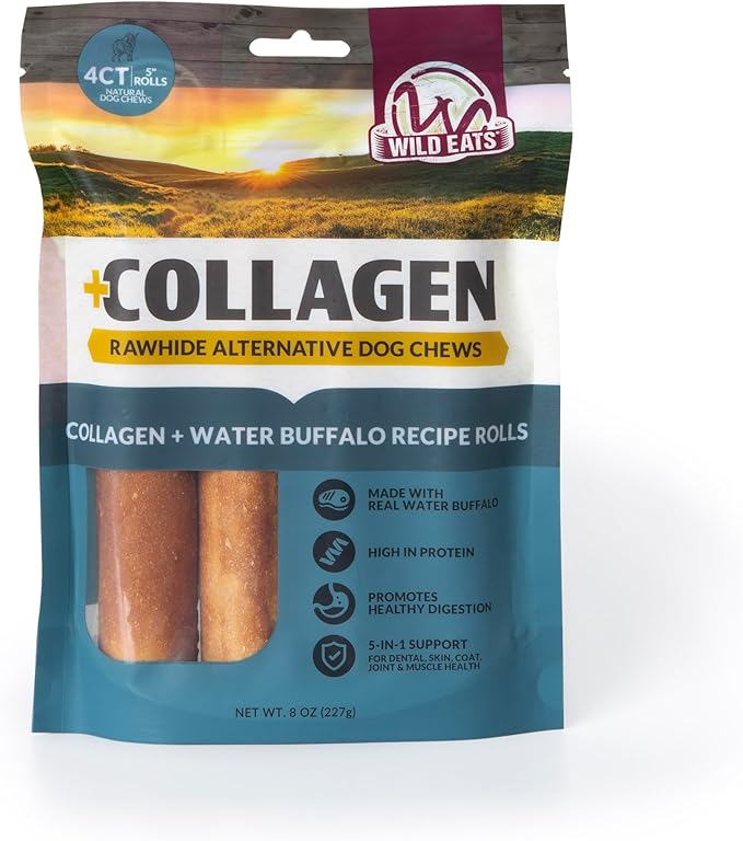 Wild Eats Water Buffalo Flavor Collagen Retriever Style Cheek Rolls 5" Dog Chews-4 Pack (Long Lasting Dog Chews Treats & Bones for Medium Dogs) Substitute for Pig Ears for Dogs