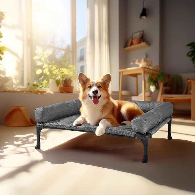 Veehoo Cooling Elevated Dog Bed Add Removable Waterproof Bolster Cushion Mat, Raised Pet Cot with Breathable Teslin Mesh, No-Slip Feet, Dog Sofa Bed for Indoor Outdoor, Medium, Black Silver