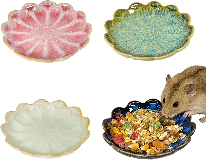 Kathson Ceramic Hamster Food Bowl, Guinea Pig Food Bowls,Rats Anti-Turning Feeding Dish,Small Animals Water Drinking Bowls for Squirrel, Chinchilla, Hedgehog, Gerbil, Dwarf Syrian (4 pcs Sunflower)