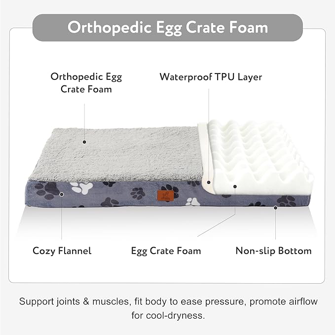XL Dog Bed for Crate, 41x27 Inch Washable Crate Mat with Removable Cover & Anti-Slip Bottom, Comfy Orthopedic Egg Crate Foam Flat Pet Bed, Dark Grey