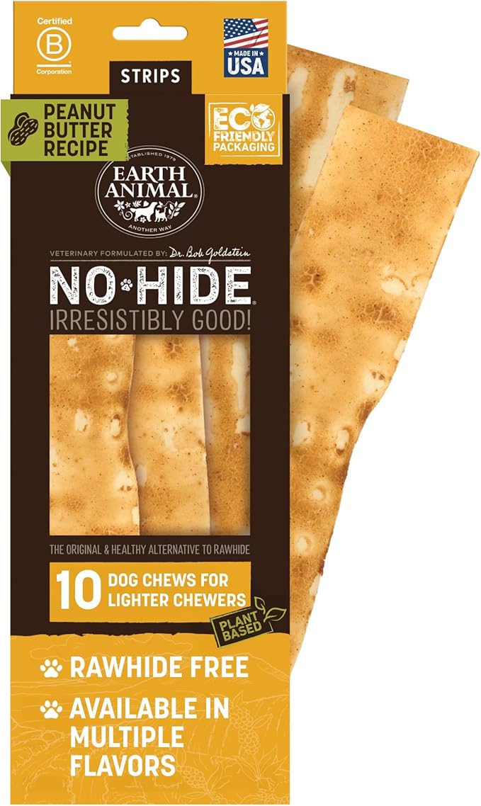 Earth Animal No Hide Strips - Natural Rawhide Free Dog Chew Strips, Peanut Butter - 10 Count Value Pack