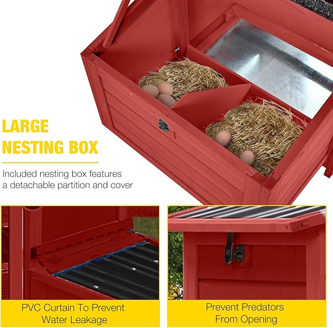 Aivituvin Chicken Coop with Run and Wheels, Mobile Outdoor Hen House Wooden Poultry Cage with Waterproof Roof (Red, AIR61)