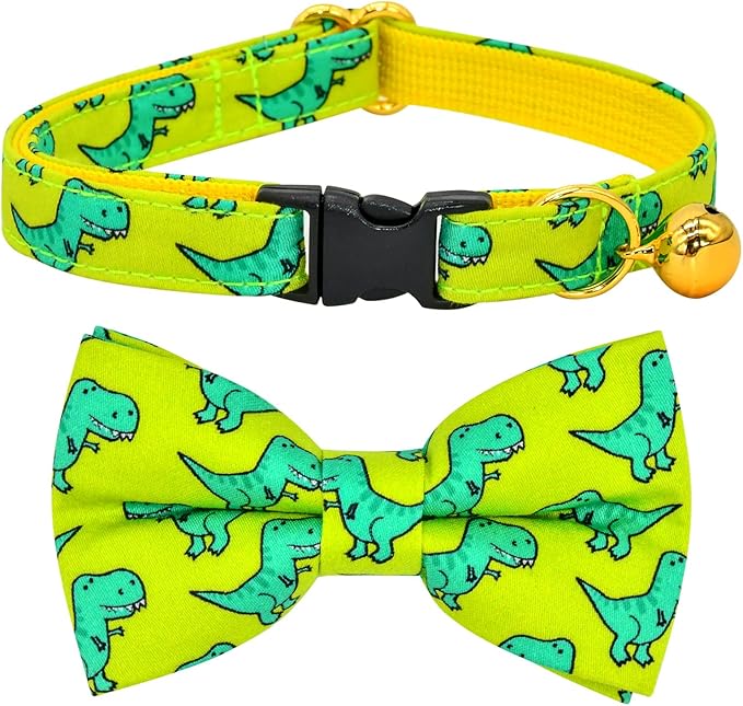 Cat Collar Bow Set, Green Dinosaur, Wedding/Birthday Breakaway Collar Bowtie for Kitten/Cat