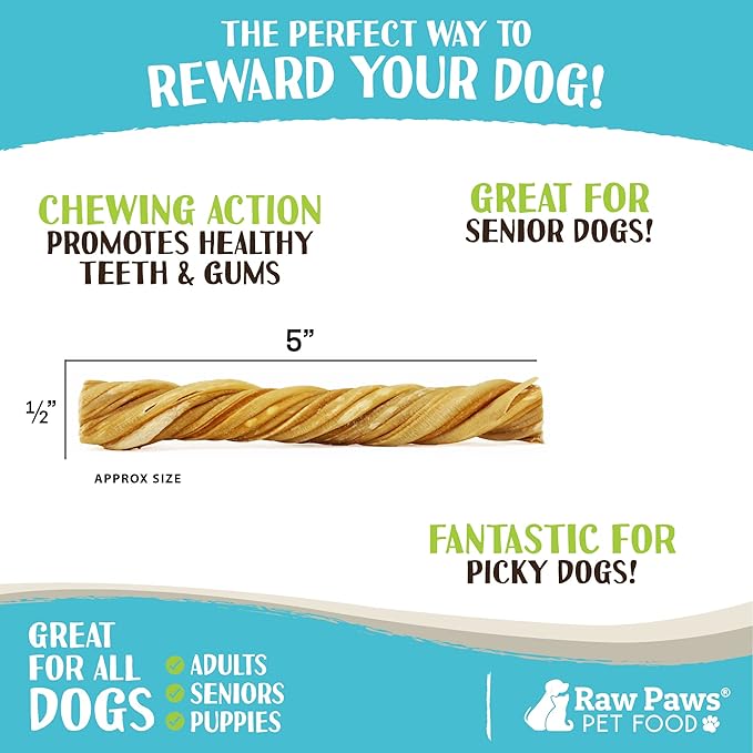 Raw Paws Beef Tripe Twists for Dogs - 5-Inch (5-Count) - Packed in USA - Free-Range Green Tripe Sticks for Dogs - Odor-Free, Crunchy Tripe Dog Treats - All-Natural Green Beef Tripe Sticks Chews