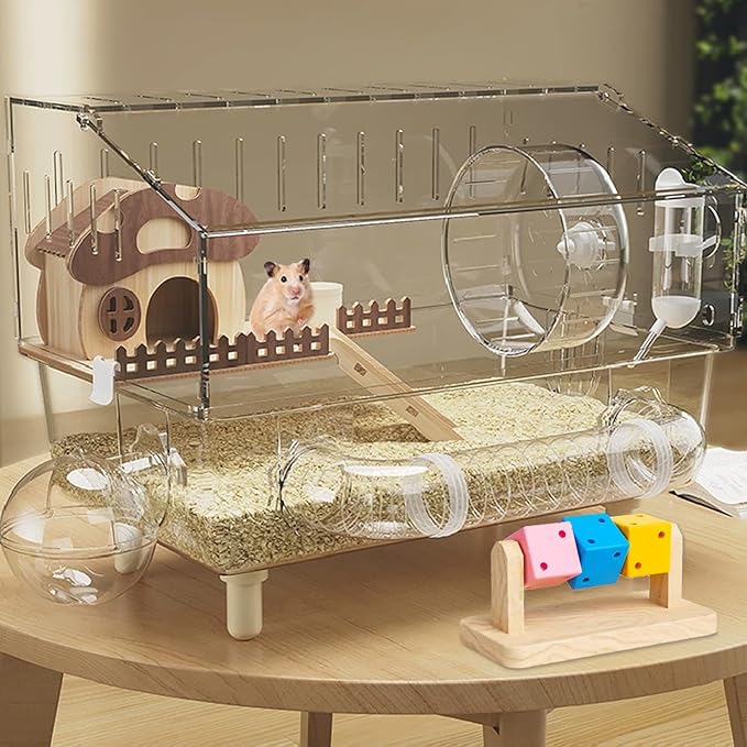 9 in 1 Acrylic Hamster Cage with all accessories and an activity tube,2-layer Hamster House,transparent viewing,top open Mouse Cage for pet mice,Hamster Habitat for Dwarf Hamster,Gerbils;18"x11"x13.4"