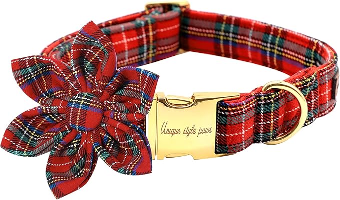 Uniqe Style Paws Christmas Grid Dog Collar, Female or Male Adjustable Puppy Collar with Flower, Durable Floral Pattern Pet Collar for Large Dogs