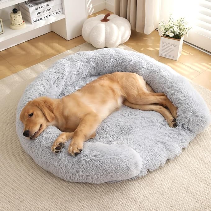 Calming Cute Dog Beds for Medium Dogs, Orthopedic Cushion Anti-Anxiety Donut Cuddler Bed, Soft Fluffy Faux Fur Plush Warm Cozy Removable Cover Fits up to 35 lbs Pets (Round, Pale Grey 28")