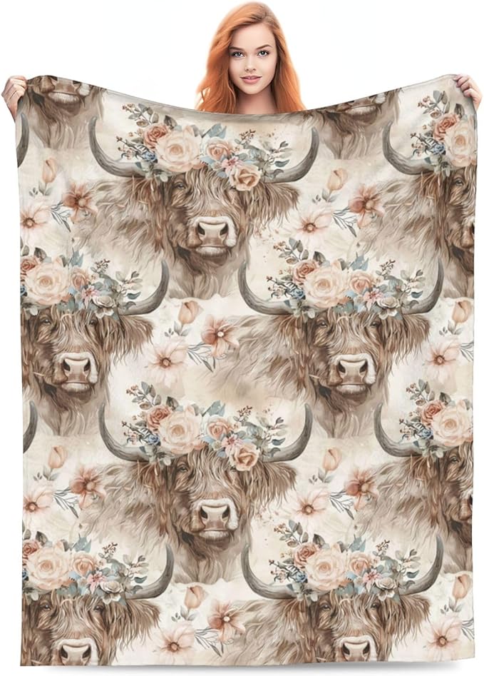 Highland Cow and Floral Blanket Gifts for Women Men Adults Cow Lovers, Farmhouse Plush Fleece Throw Blankets, Cozy Soft Warm Bedding Decor for Sofa Living Room Travel 60"x80"